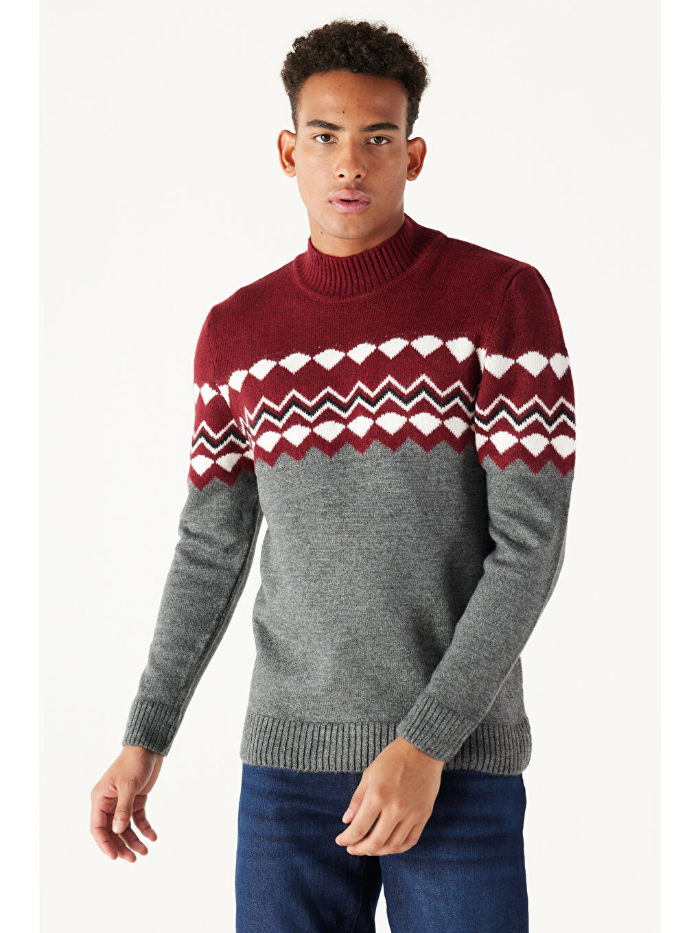 Erkek Bordo-Antrasit Standart Fit Yarım Balıkçı Yaka Jakarlı Yumuşak Dokulu Triko Kazak-1