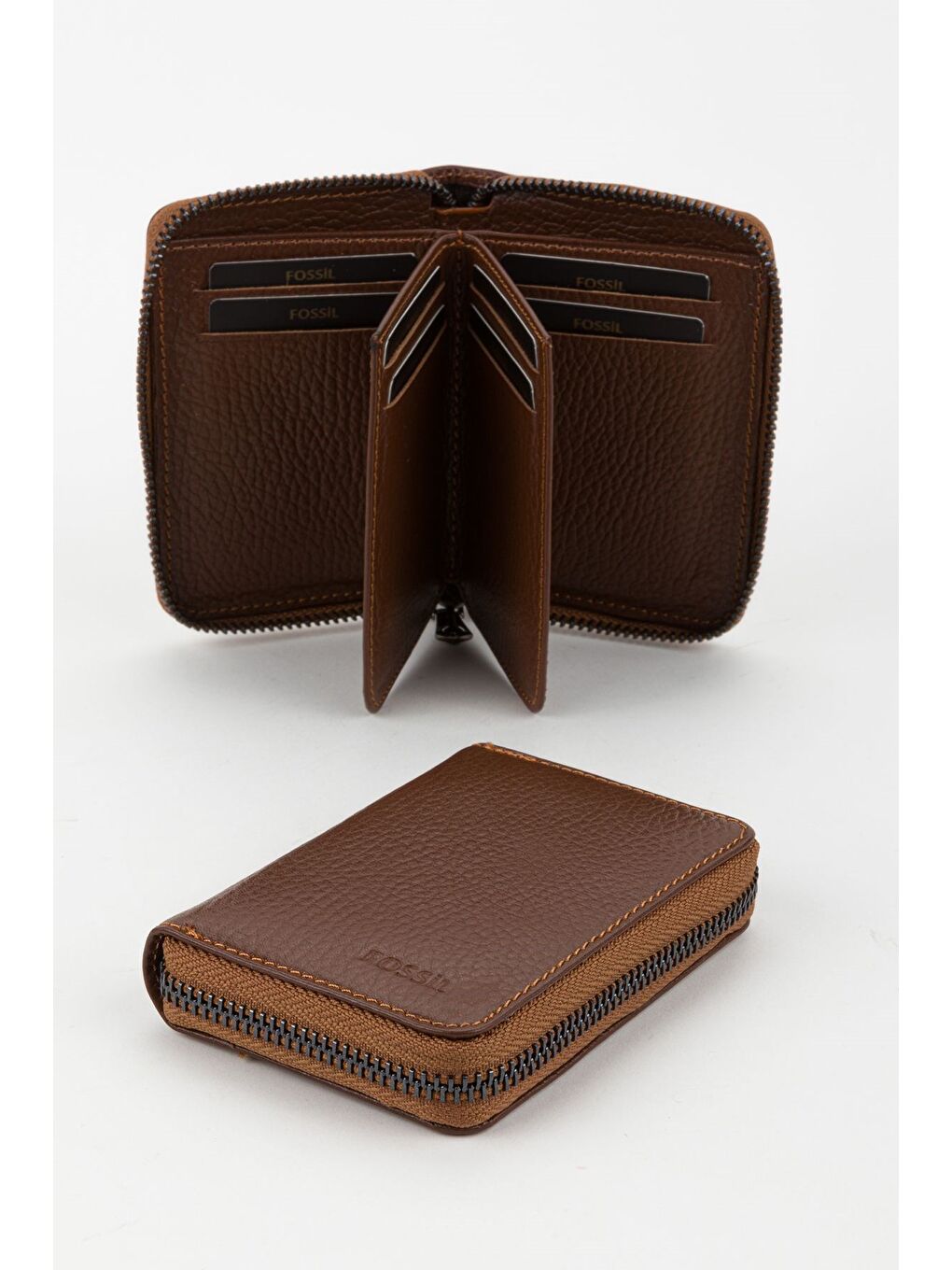 Kahverengi Kutulu Hakiki Deri Lacivert Fermuarlı El Portföyü Kartlık Cüzdan