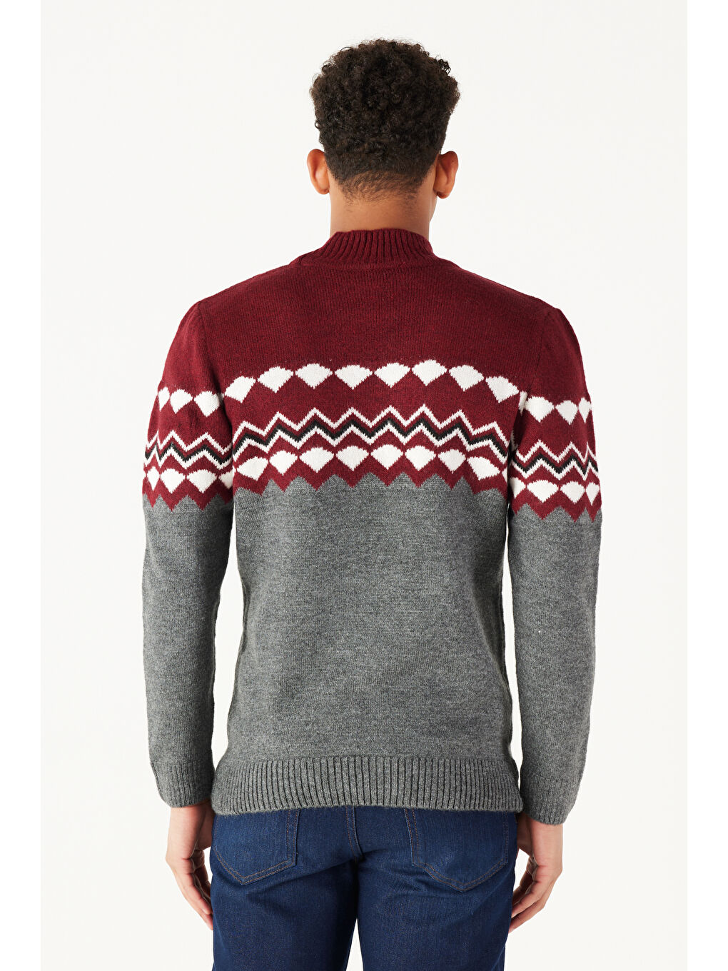 Erkek Bordo-Antrasit Standart Fit Yarım Balıkçı Yaka Jakarlı Yumuşak Dokulu Triko Kazak-3