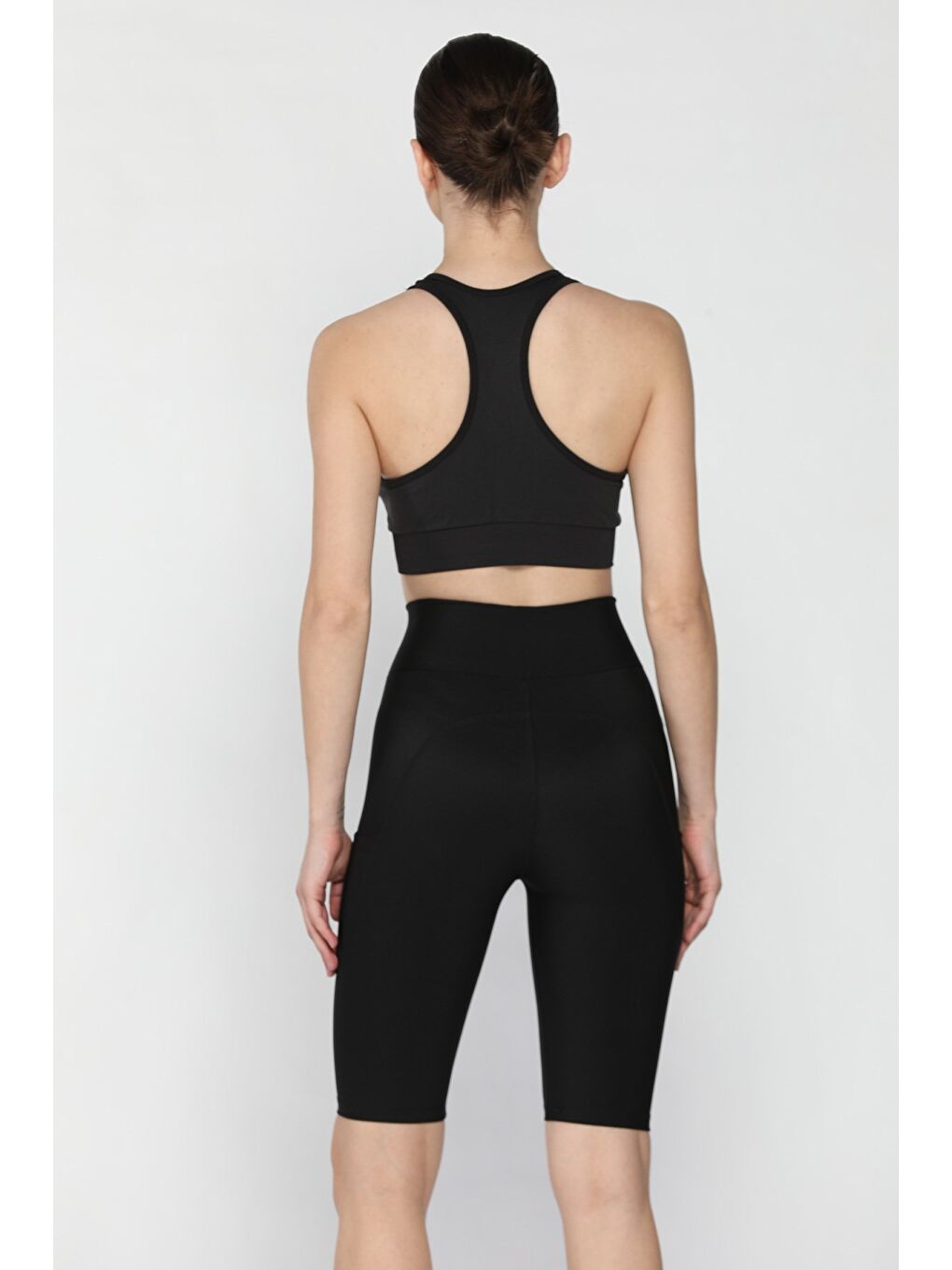 Siyah Kadın Yüksek Bel Cepli Dikiş Detaylı Kısa Tayt-2