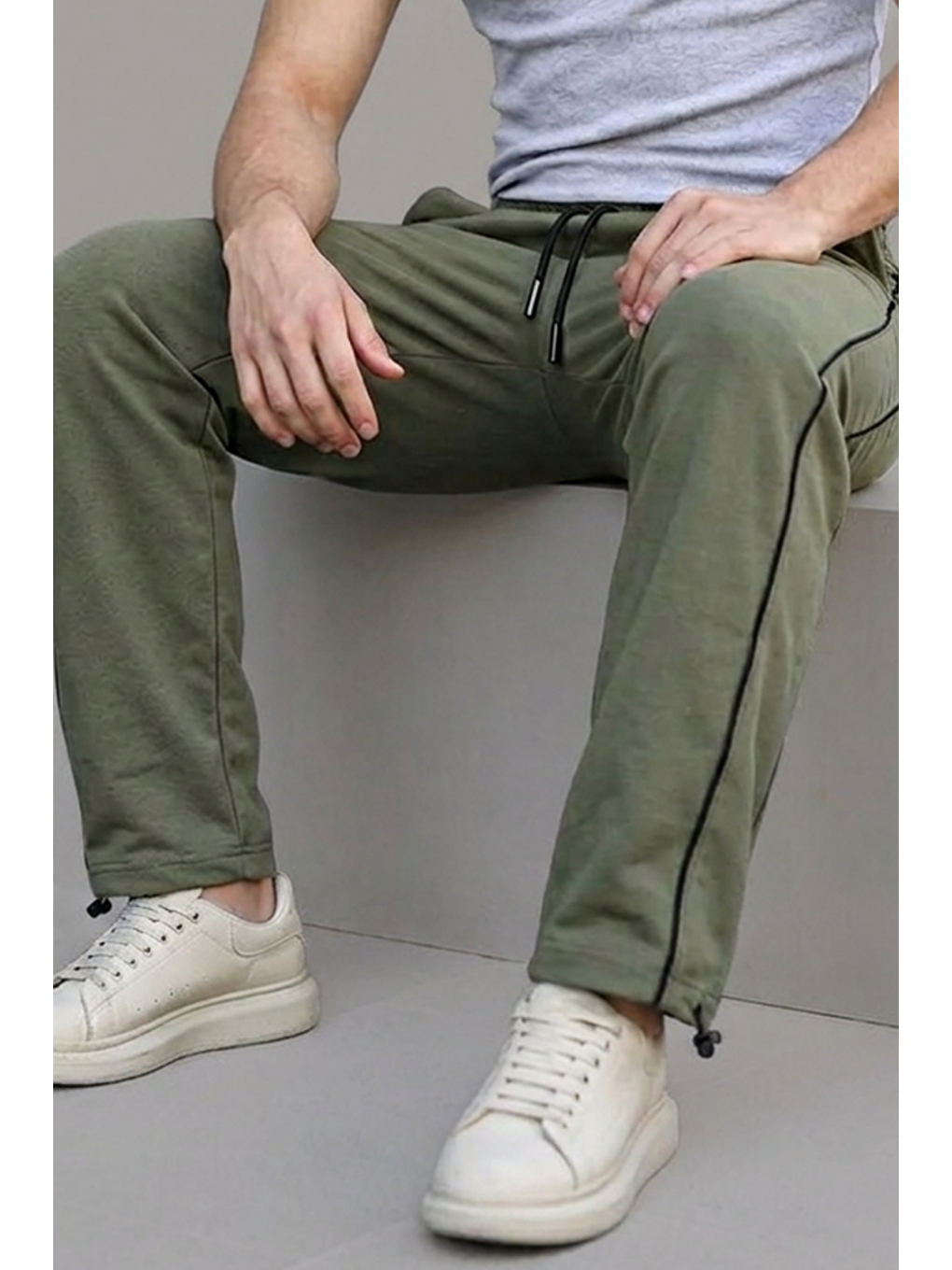 Erkek Beli Lastikli Haki Relaxed Eşofman Altı-5