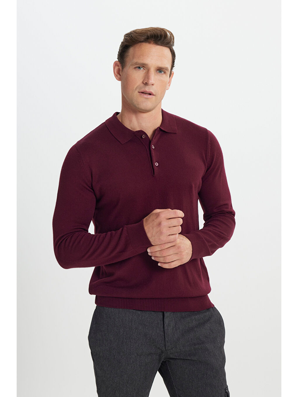 Erkek Bordo Tüylenme Yapmayan Anti Pilling Kumaş Standart Fit Polo Yaka Triko-2