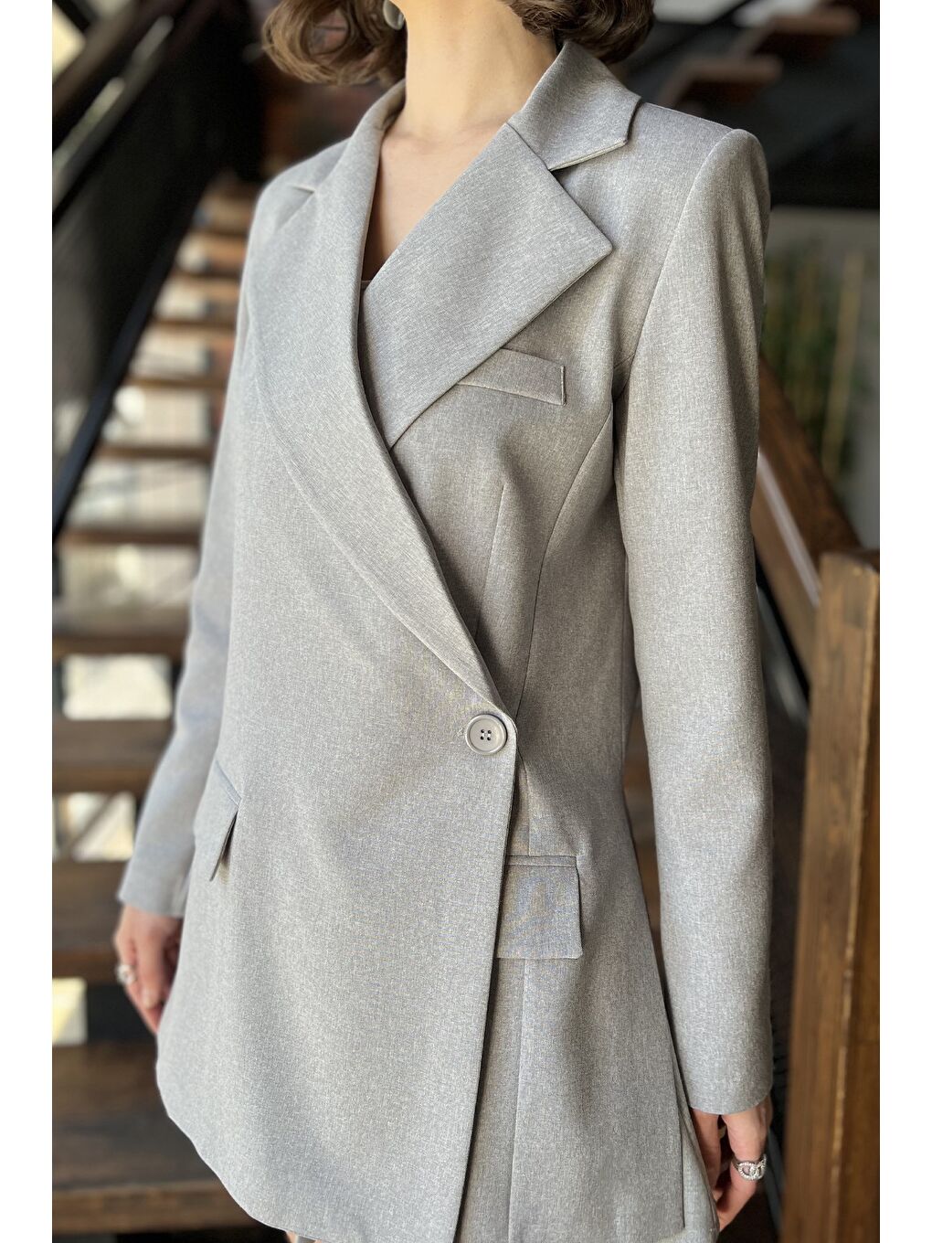 Gri Yan Yırtmaçlı Astarlı Kadın Blazer Ceket-4