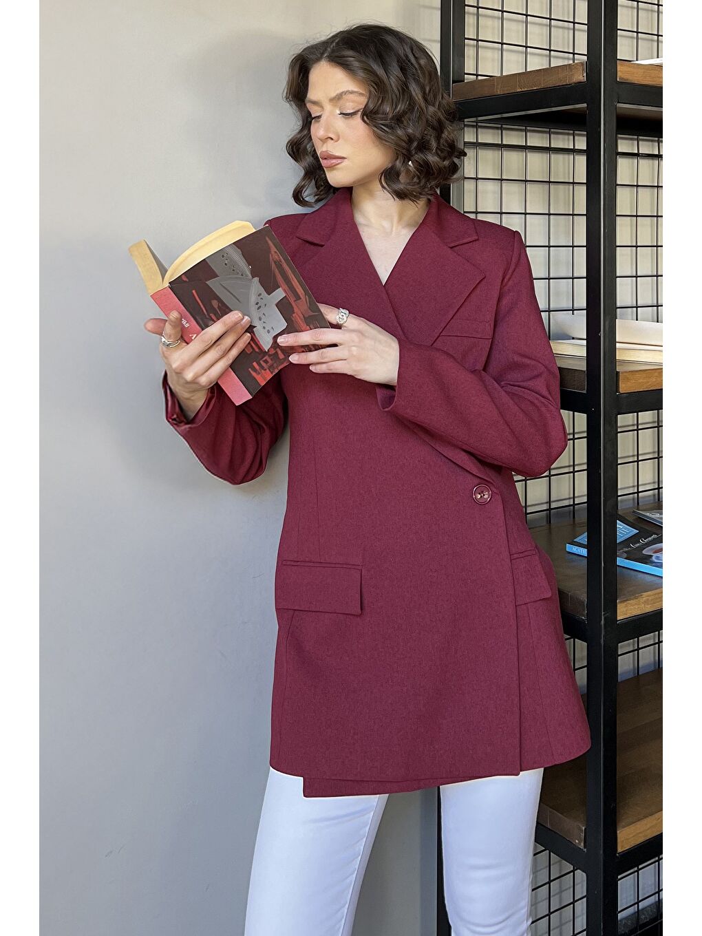 Bordo Yan Yırtmaçlı Astarlı Kadın Blazer Ceket