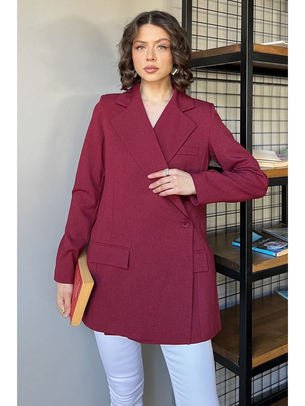 Bordo Yan Yırtmaçlı Astarlı Kadın Blazer Ceket-1