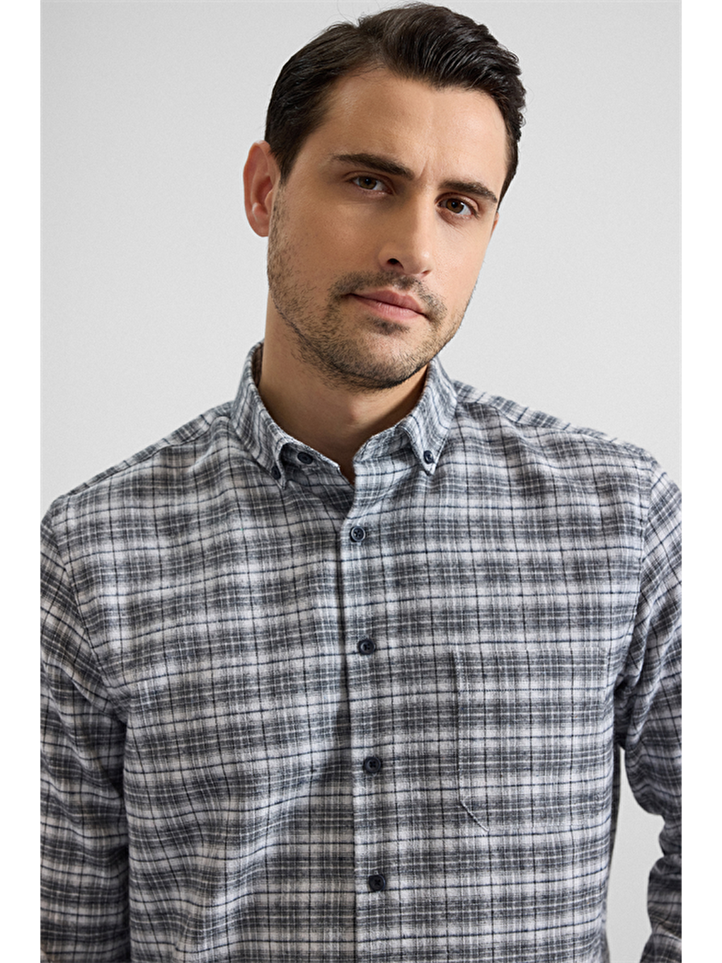 Gri Regular Düğmeli Yaka Kareli Casual Gömlek-1