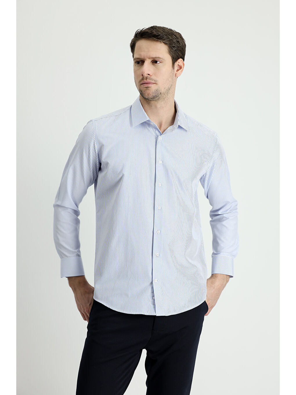 Mavi Uzun Kol Slim Fit Dar Kesim Çizgili Pamuklu Gömlek