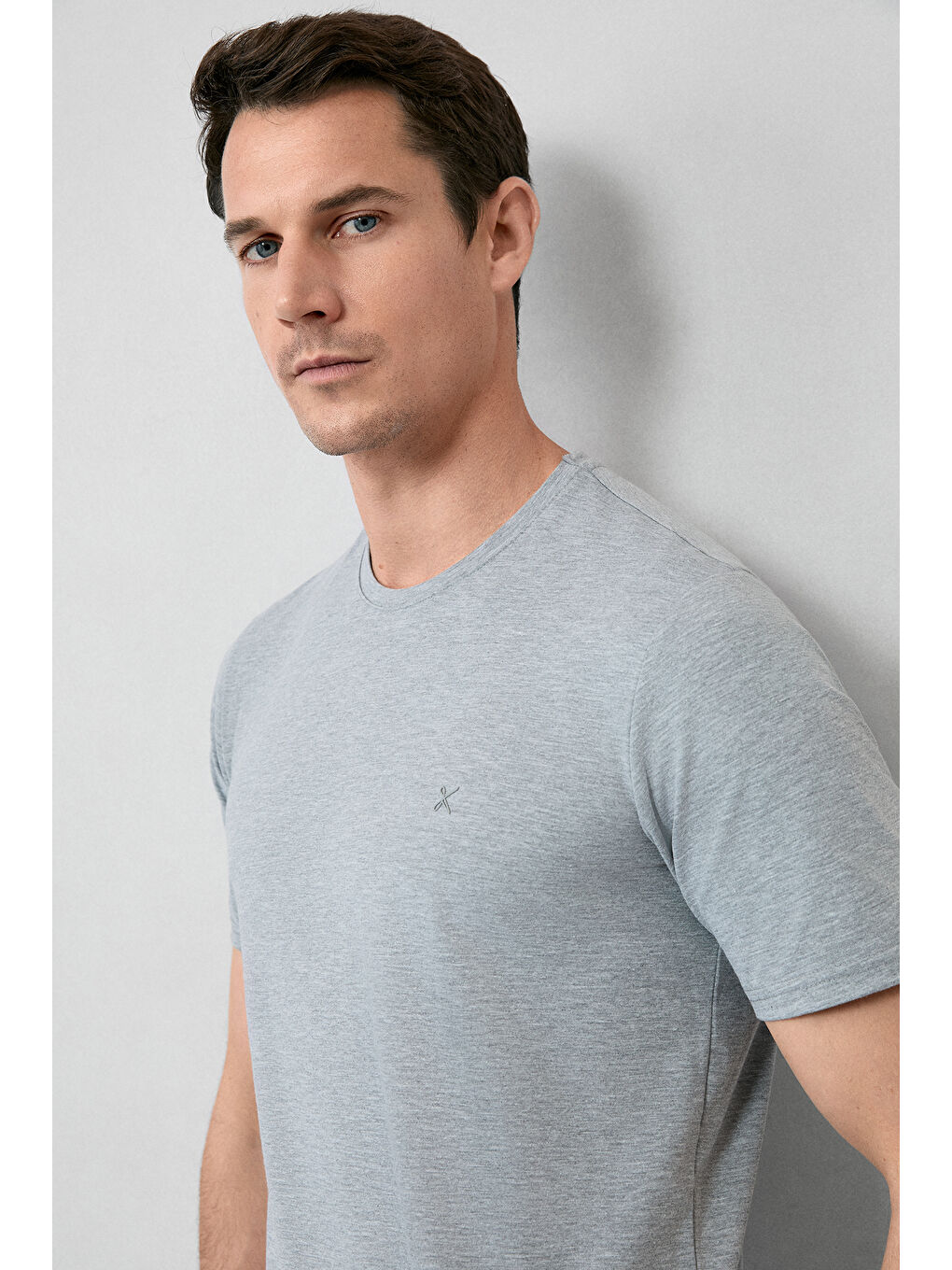 Gri Bisiklet Yaka Slim Fit Dar Kesim Süprem Pamuklu Basic Tişört