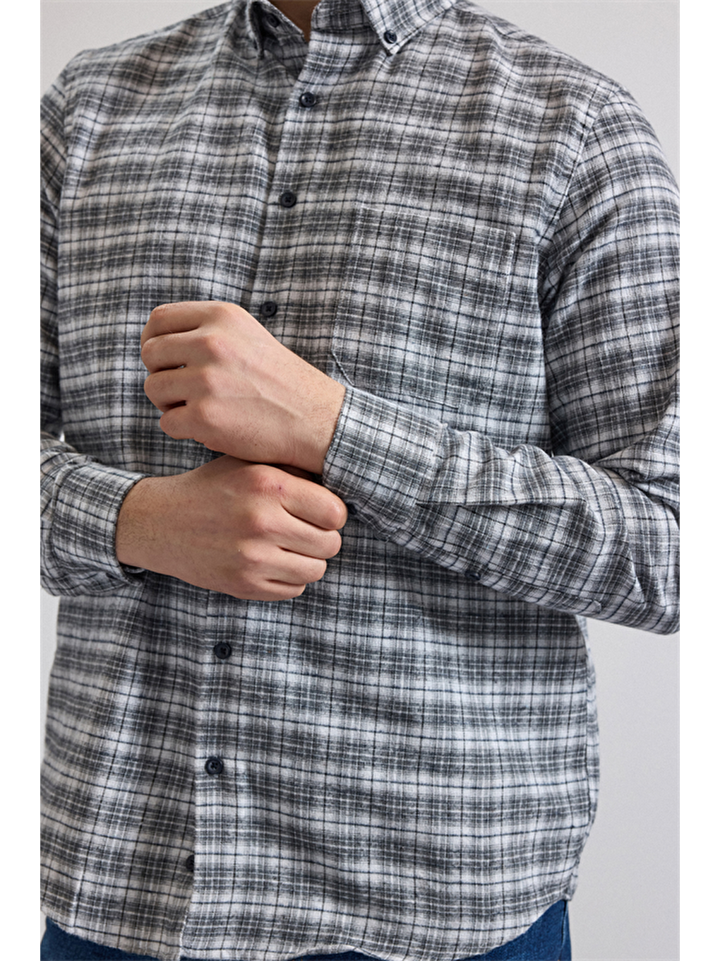 Gri Regular Düğmeli Yaka Kareli Casual Gömlek-2
