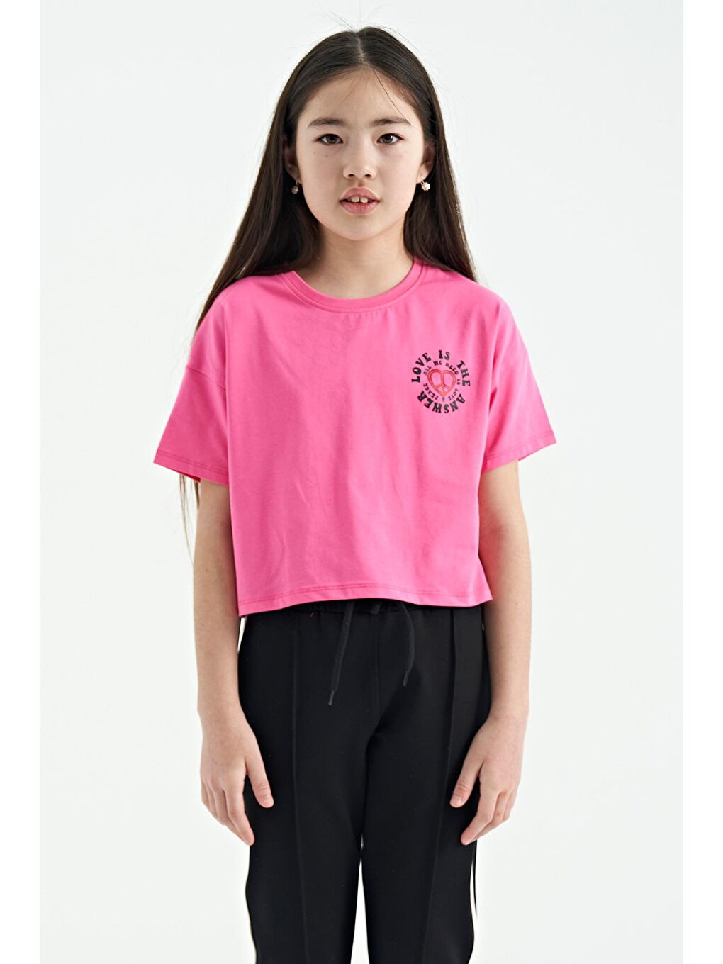 TOMMYLIFE Şeker Pembe Ön Arka Baskılı O Yaka Düşük Omuz Oversize Kısa Kollu Kız Çocuk T-Shirt - 75126