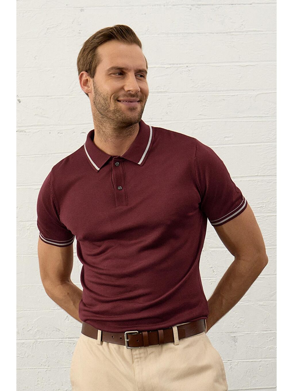 DANGER Bordo Erkek Çizgili  Slim-Fit Kalıp Yazlık Triko Tişört Bordo - 3