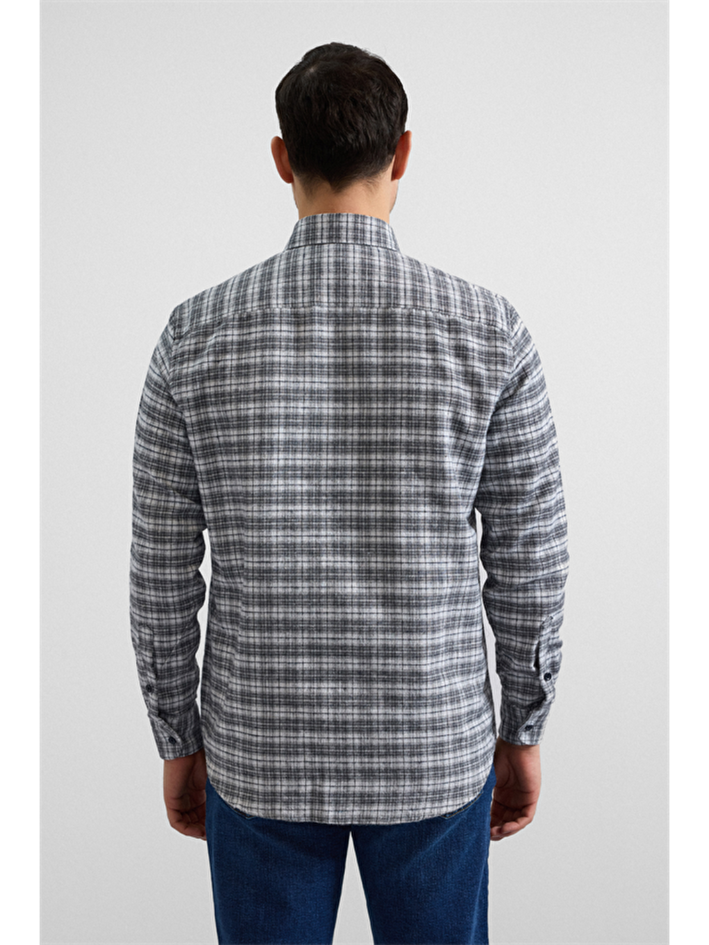 Gri Regular Düğmeli Yaka Kareli Casual Gömlek-3