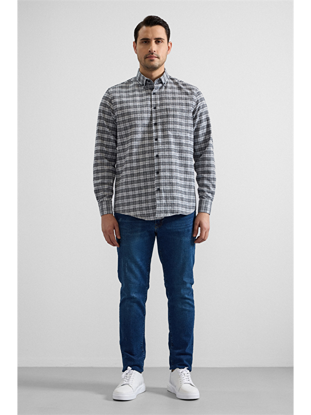 Gri Regular Düğmeli Yaka Kareli Casual Gömlek-4