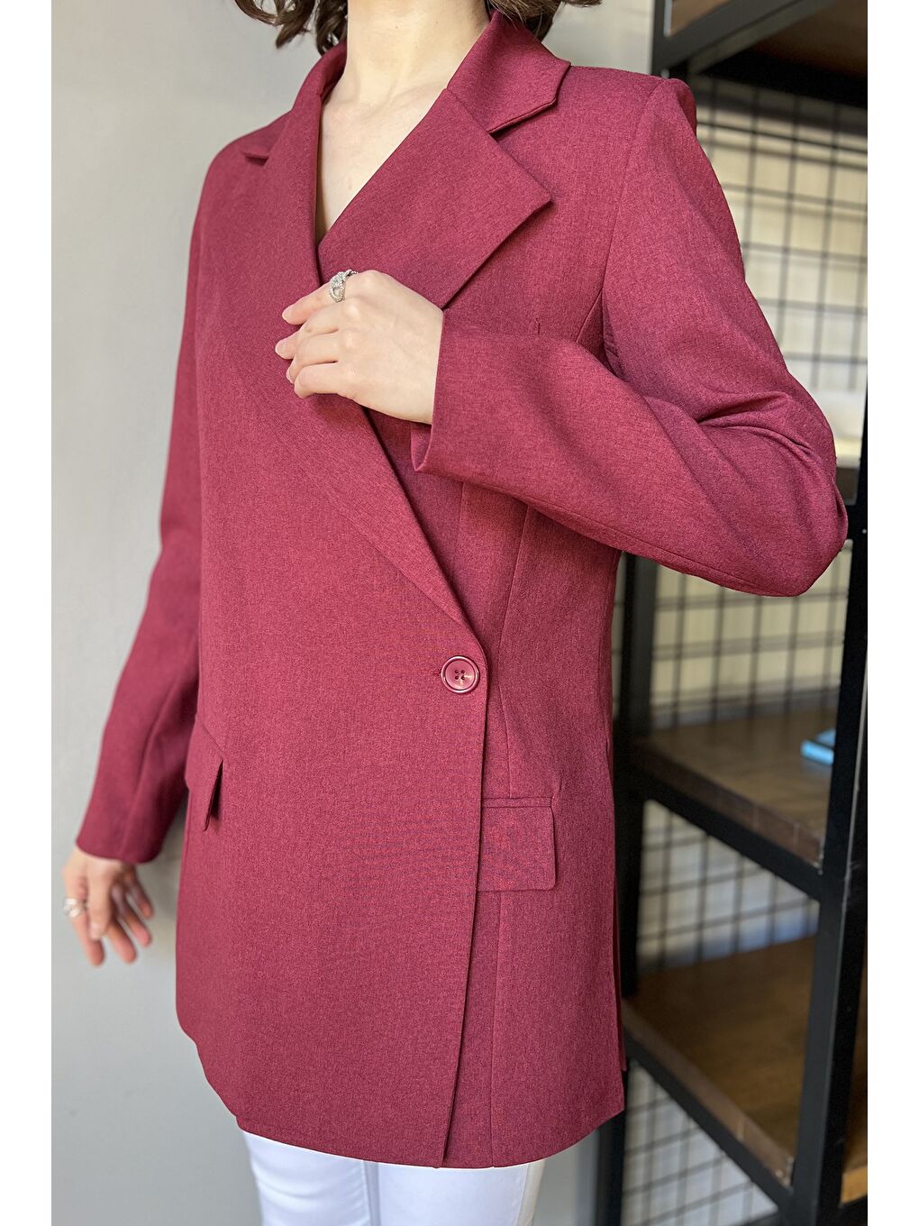 Bordo Yan Yırtmaçlı Astarlı Kadın Blazer Ceket-3