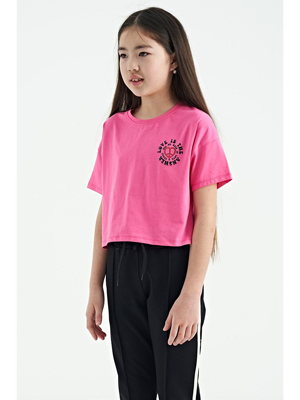 TOMMYLIFE Şeker Pembe Ön Arka Baskılı O Yaka Düşük Omuz Oversize Kısa Kollu Kız Çocuk T-Shirt - 75126 - 1