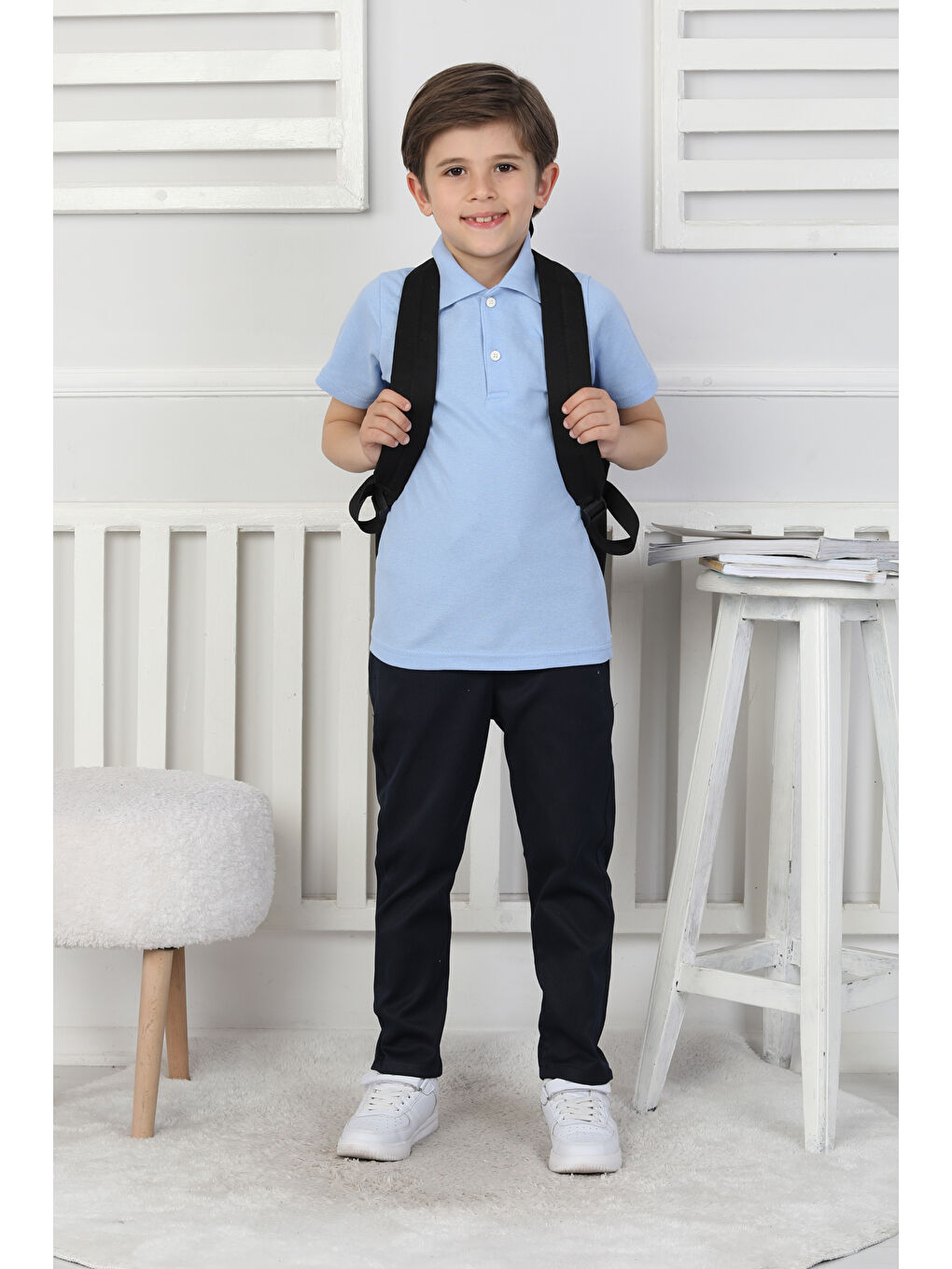 Mavi Erkek Çocuk %100 Pamuk Okul Tarz T-Shirt 5-13 Yaş 12273-1