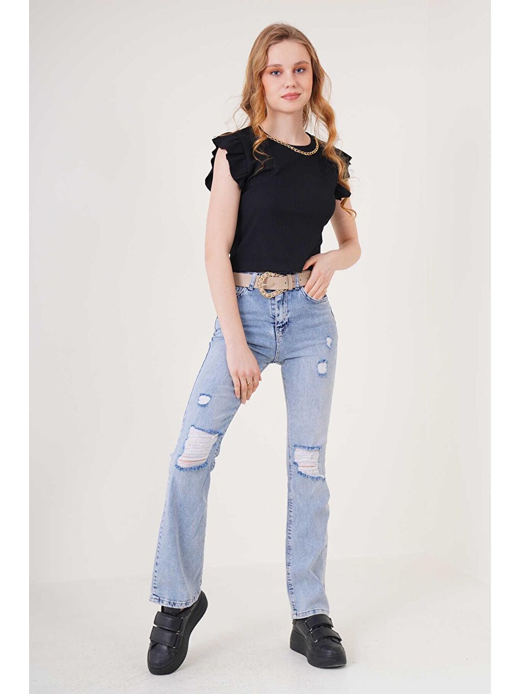 Siyah Kadın Zincir Detaylı Örme Bluz 0430-1