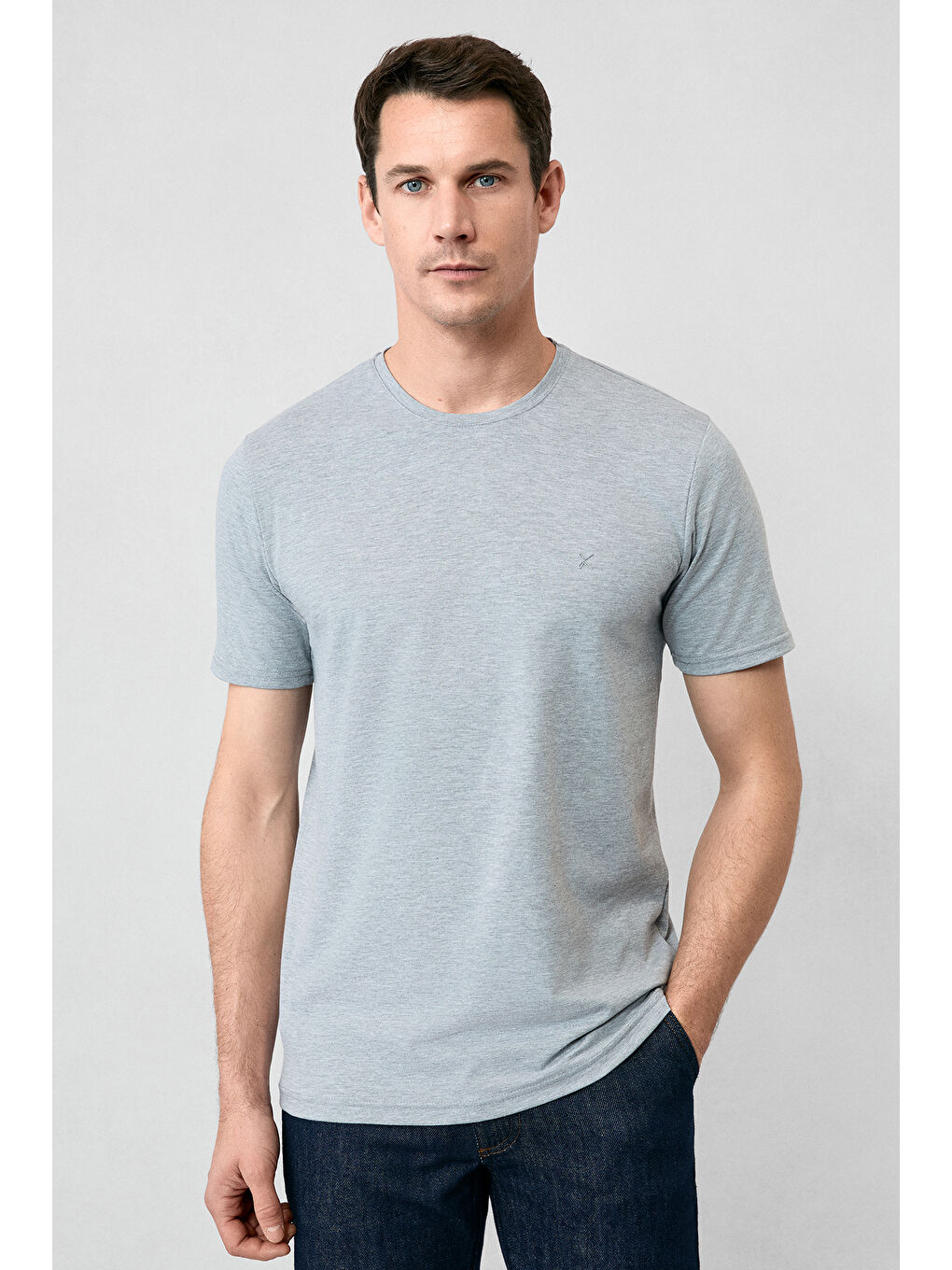 Gri Bisiklet Yaka Slim Fit Dar Kesim Süprem Pamuklu Basic Tişört-1