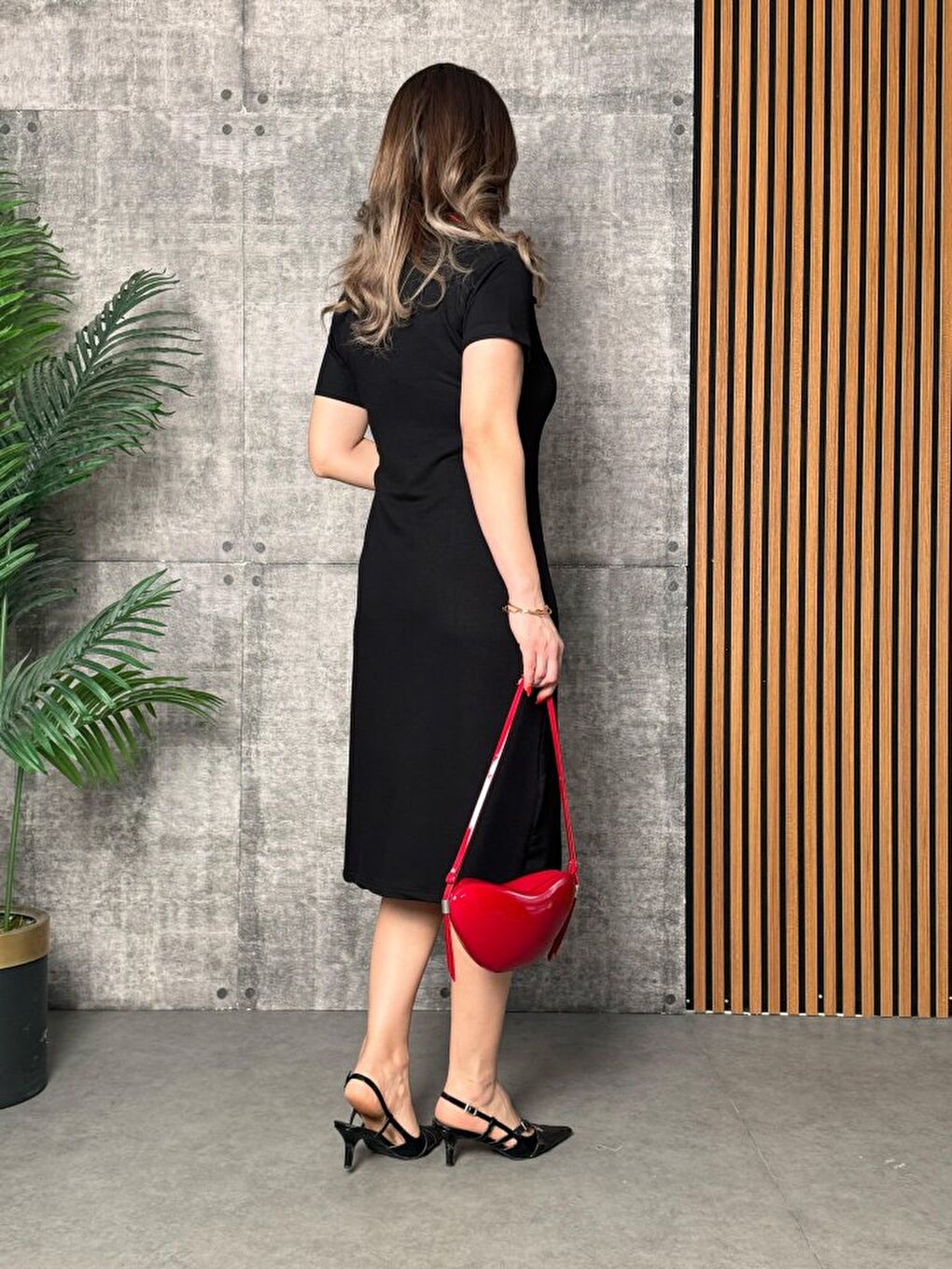 Siyah Kadın Yaka Ribanalı Çift Yırtmaçlı Elbise-2