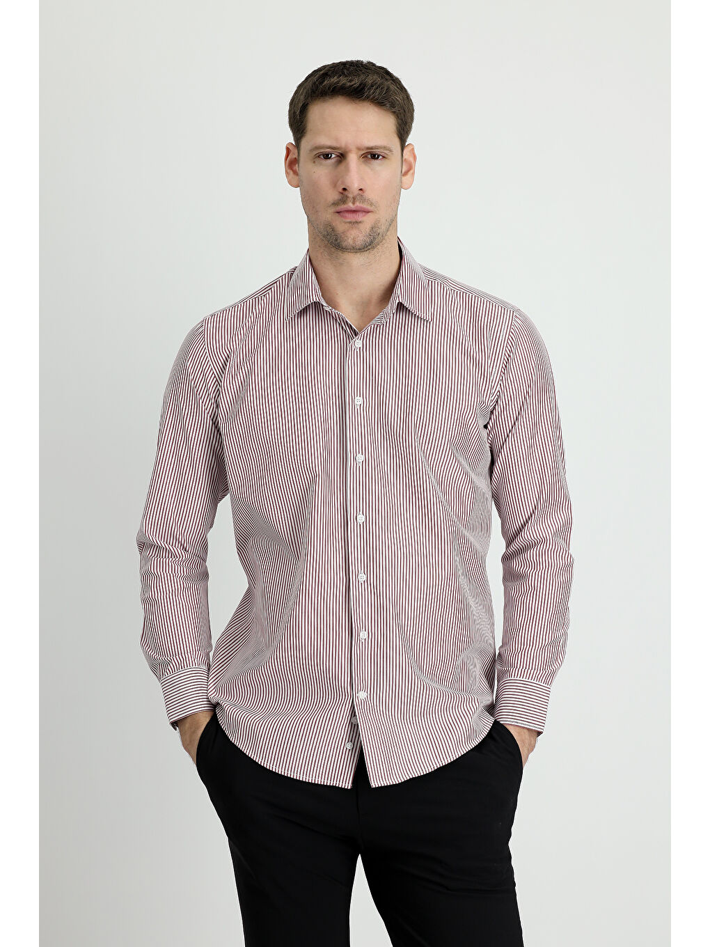 Bordo Uzun Kol Slim Fit Dar Kesim Çizgili Pamuklu Gömlek