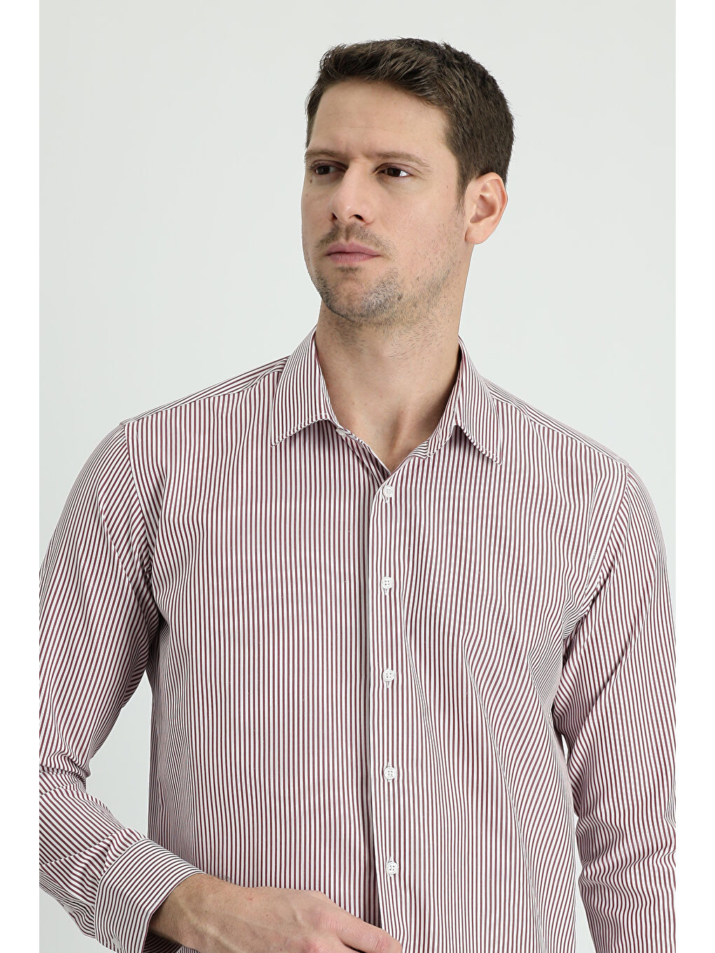 Bordo Uzun Kol Slim Fit Dar Kesim Çizgili Pamuklu Gömlek-1