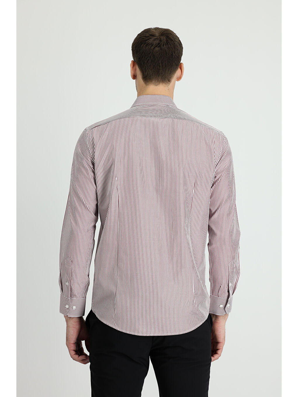 Bordo Uzun Kol Slim Fit Dar Kesim Çizgili Pamuklu Gömlek-2