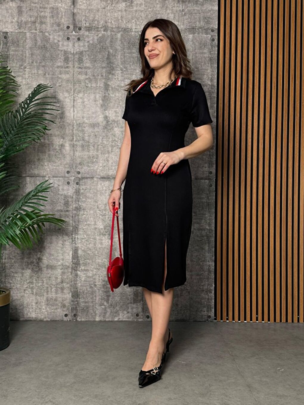 Siyah Kadın Yaka Ribanalı Çift Yırtmaçlı Elbise-4