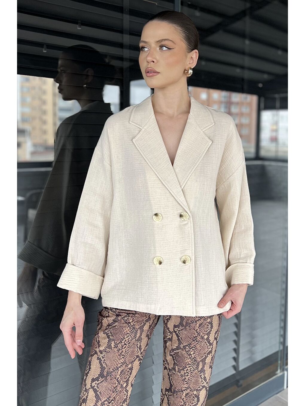 Bej Kadın Duble Kol Keten Ceket