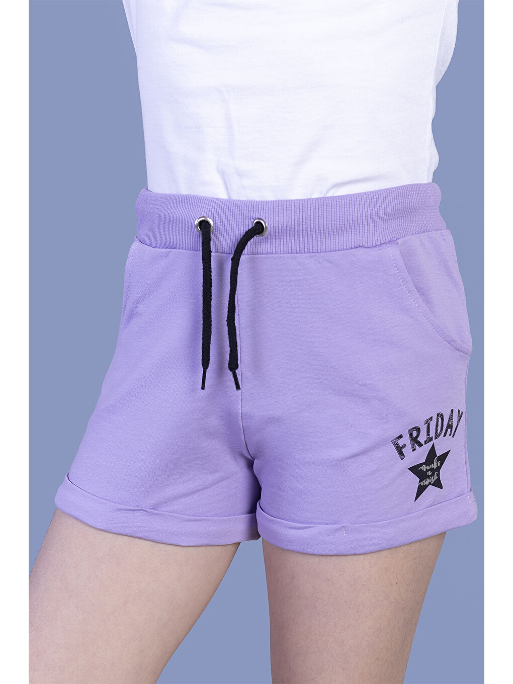 Lila Kız Çocuk İki Yanı Cepli Baskılı Şort-2