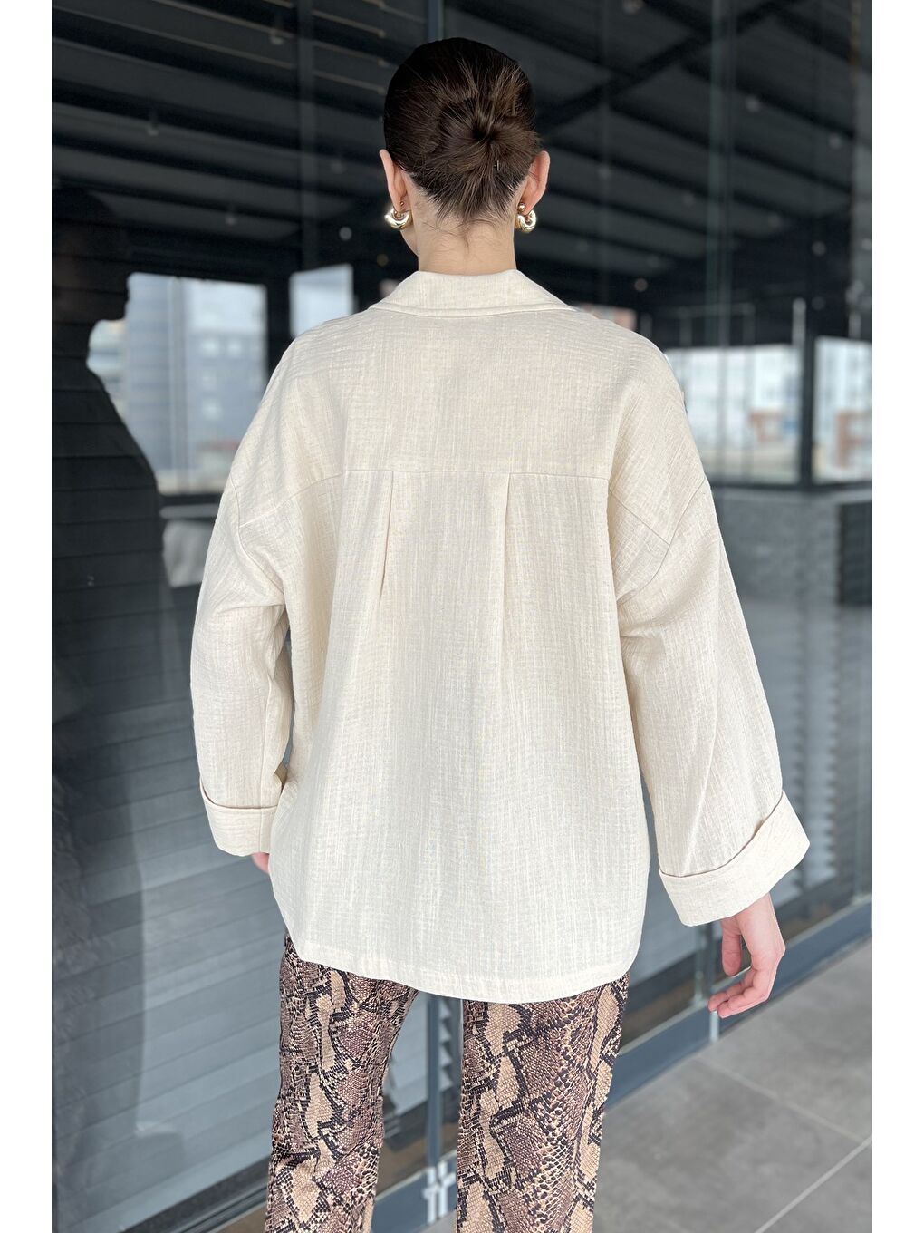 Bej Kadın Duble Kol Keten Ceket-2