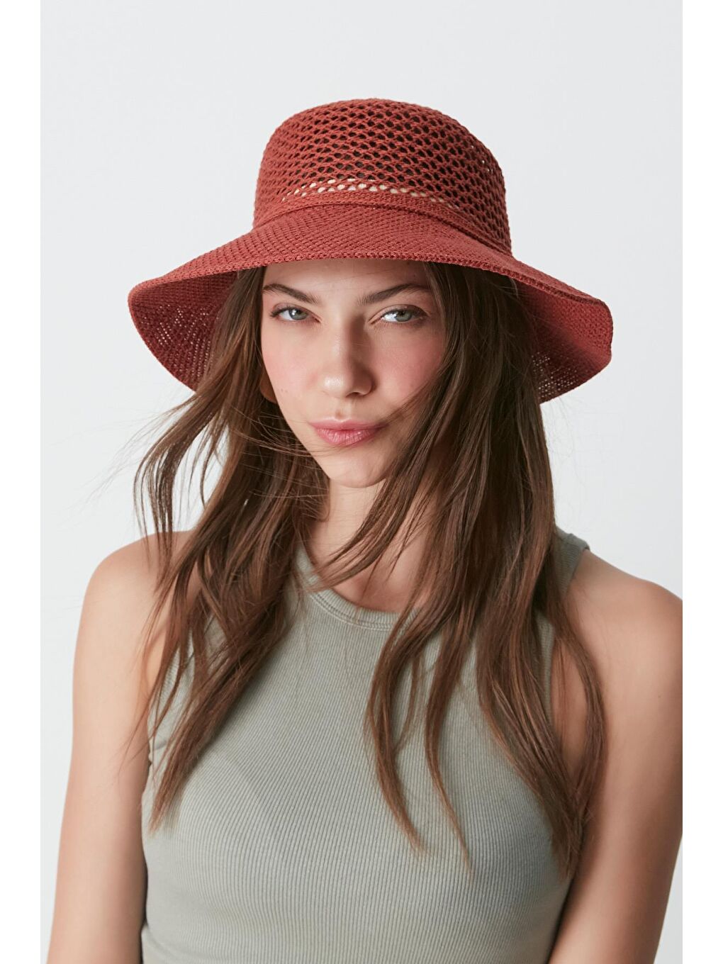 Kahverengi Merserize Plaj Şapkası T24740-16 Kiremit