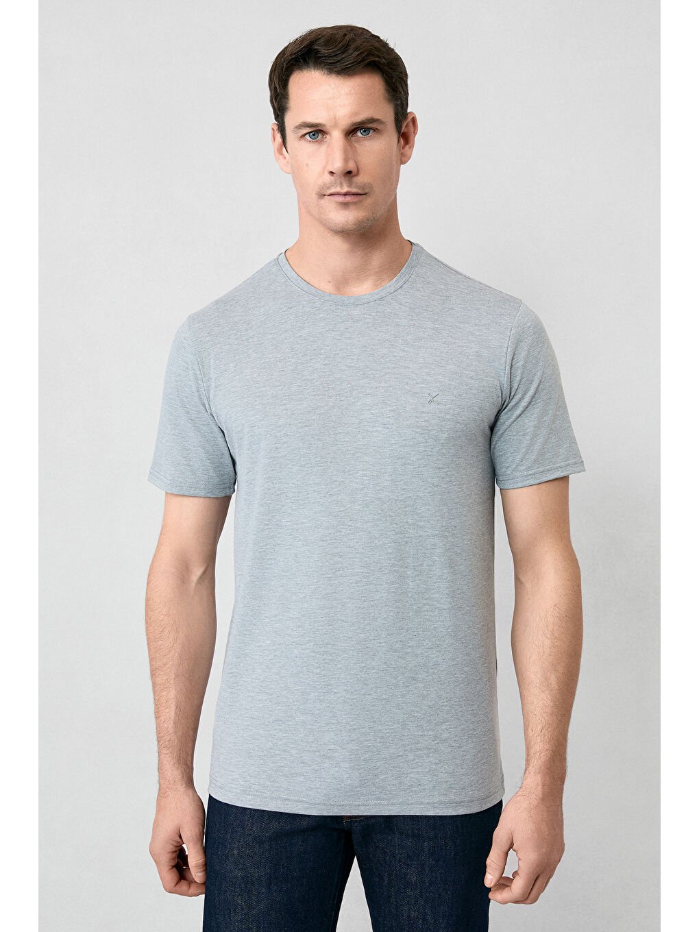 Gri Bisiklet Yaka Slim Fit Dar Kesim Süprem Pamuklu Basic Tişört-3