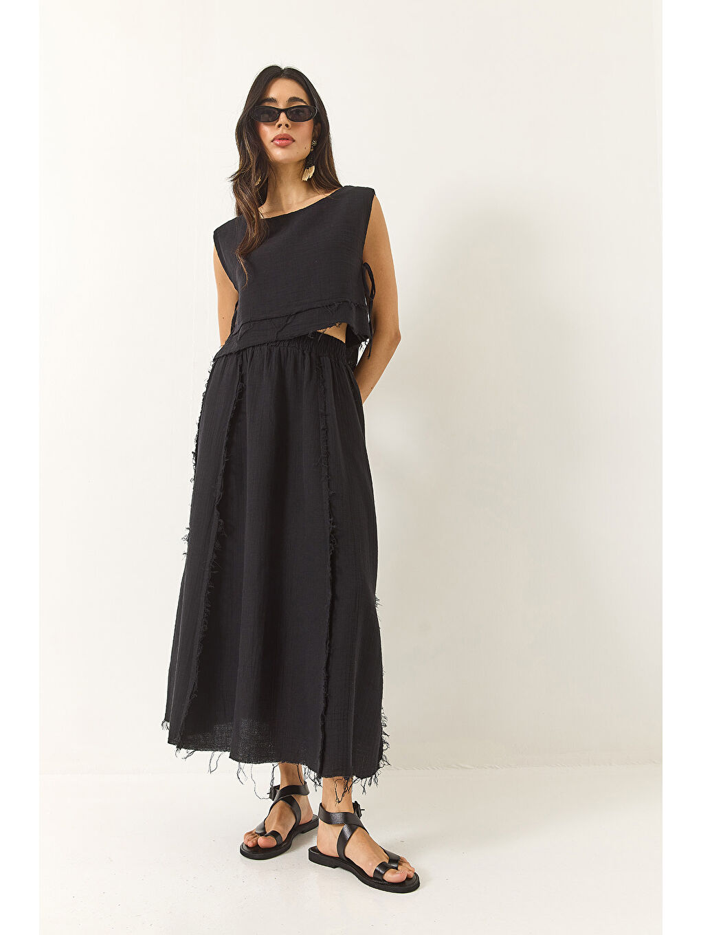 Siyah Kadın Beli Lastikli Etek Yandan Bağlama Detaylı Crop Müslin Alt-Üst Takım-2