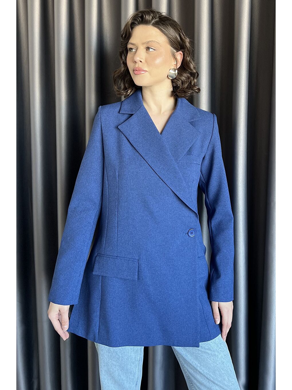 İndigo Yan Yırtmaçlı Astarlı Kadın Blazer Ceket