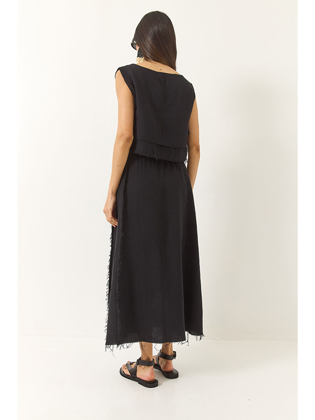 Siyah Kadın Beli Lastikli Etek Yandan Bağlama Detaylı Crop Müslin Alt-Üst Takım-6