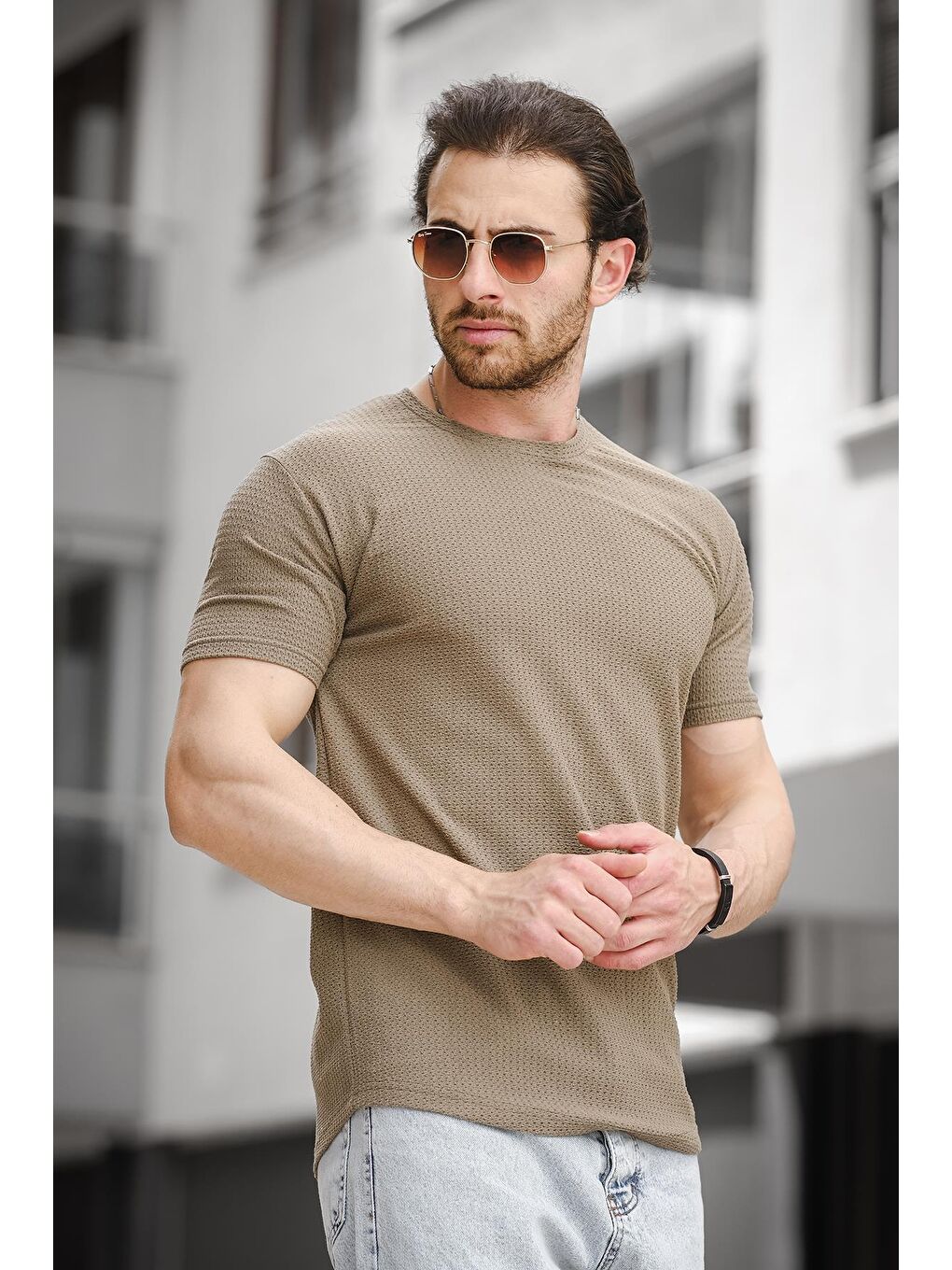 Haki Bisiklet Yaka Kısa Kollu Örgü Desenli Erkek Tişört