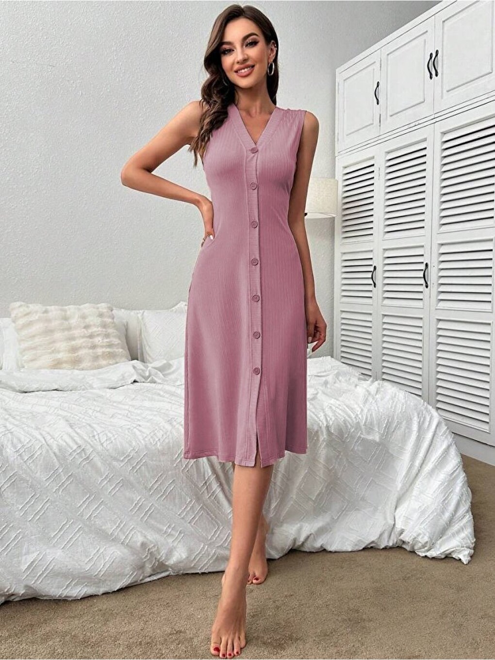Pembe Kadın V Yakalı Önden Düğmeli Kaşkorse Elbise-2