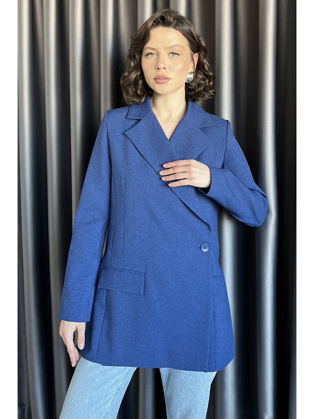 İndigo Yan Yırtmaçlı Astarlı Kadın Blazer Ceket-1
