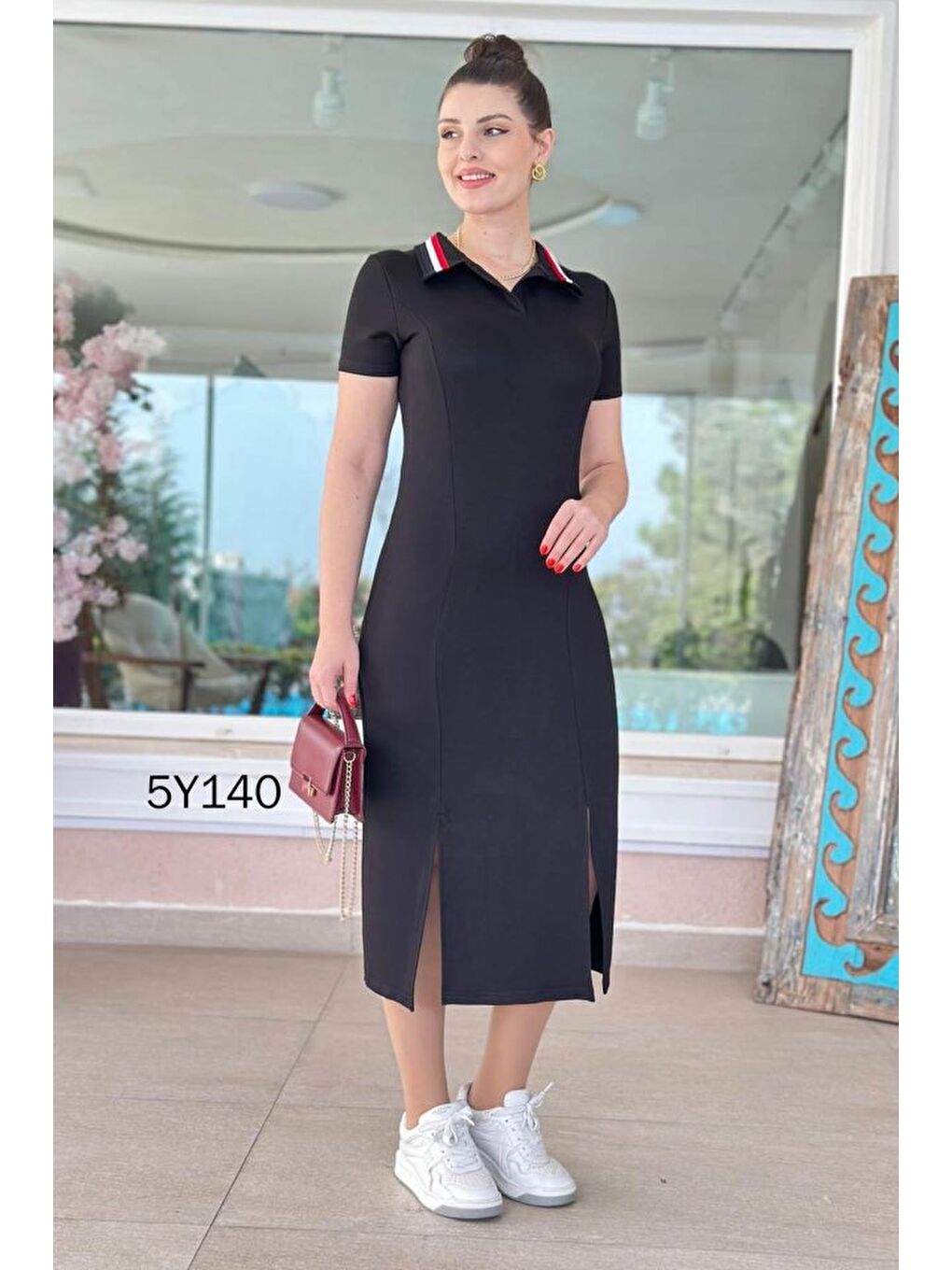 Siyah Kadın Yaka Ribanalı Çift Yırtmaçlı Elbise-6