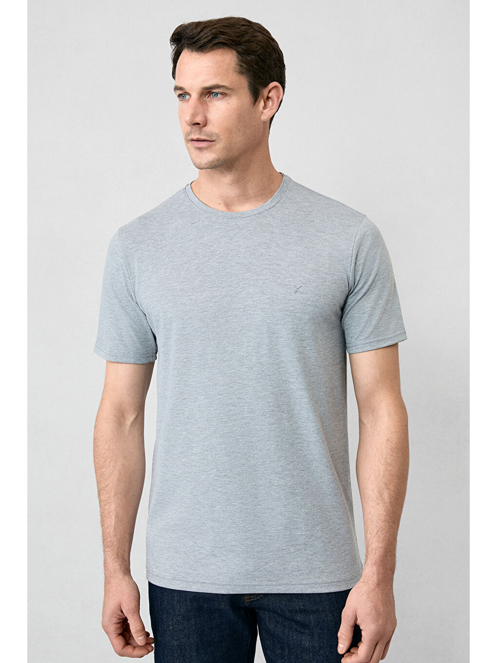 Gri Bisiklet Yaka Slim Fit Dar Kesim Süprem Pamuklu Basic Tişört-4