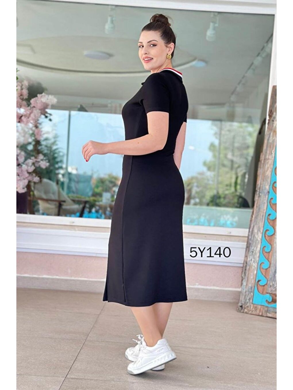 Siyah Kadın Yaka Ribanalı Çift Yırtmaçlı Elbise-7