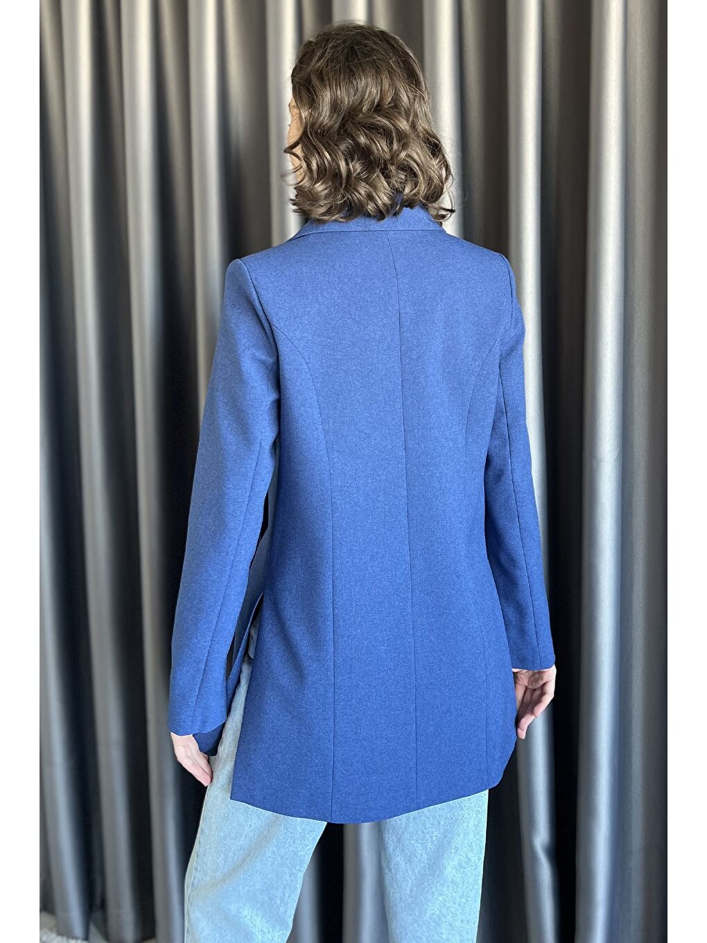 İndigo Yan Yırtmaçlı Astarlı Kadın Blazer Ceket-2
