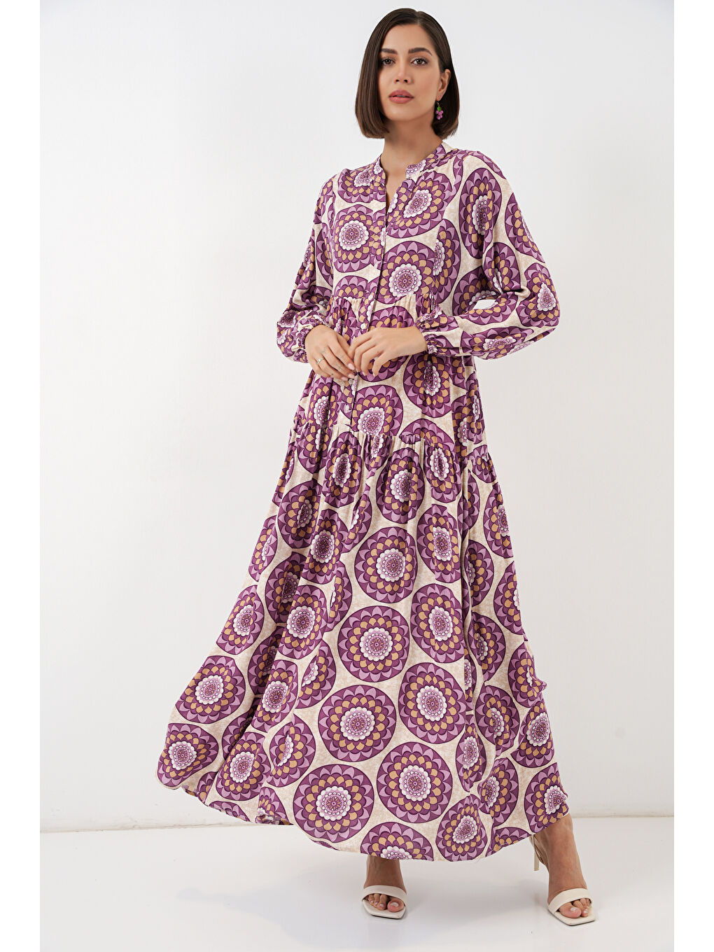 Kadın Desenli Uzun Tesettür Elbise 2585 - B.Lila-2