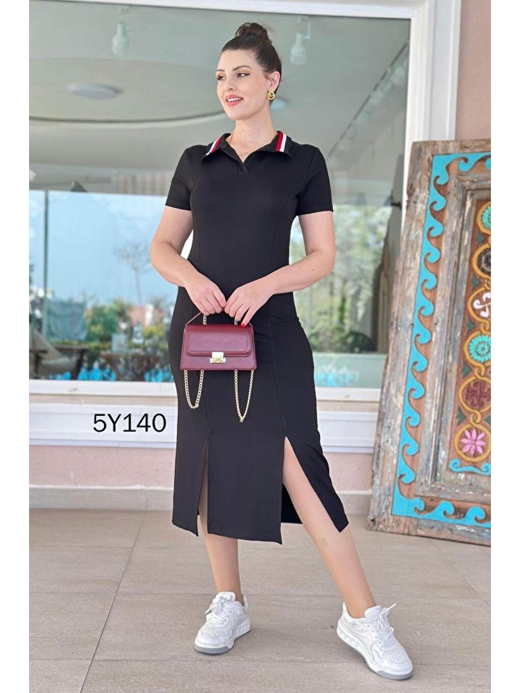 Siyah Kadın Yaka Ribanalı Çift Yırtmaçlı Elbise-8