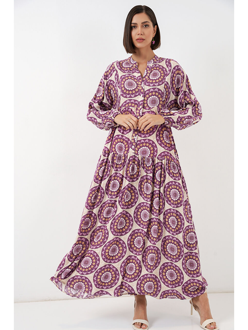 Kadın Desenli Uzun Tesettür Elbise 2585 - B.Lila-3