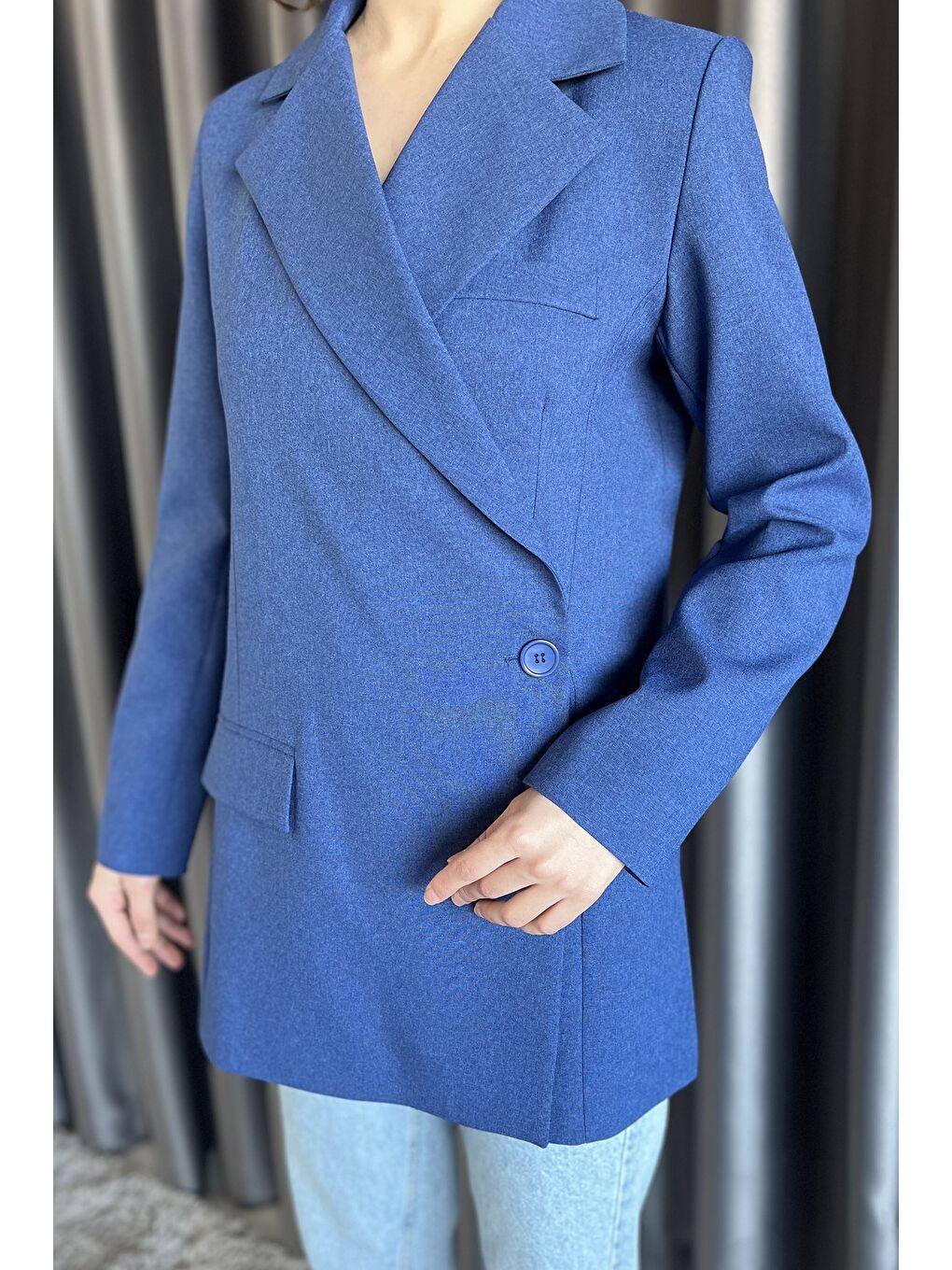 İndigo Yan Yırtmaçlı Astarlı Kadın Blazer Ceket-3