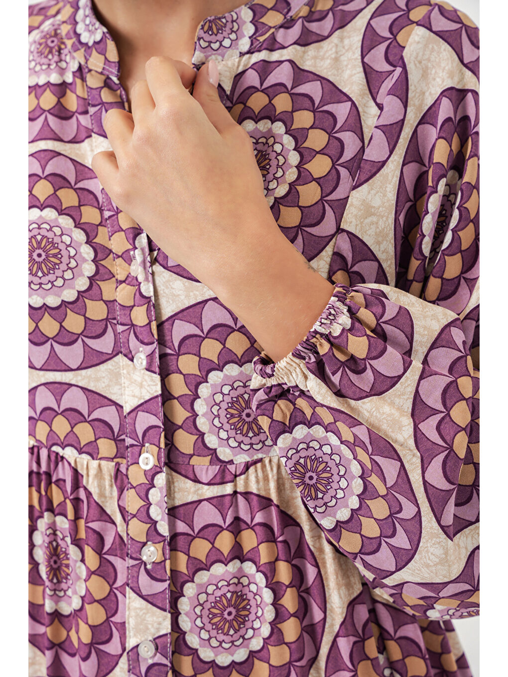 Kadın Desenli Uzun Tesettür Elbise 2585 - B.Lila-4