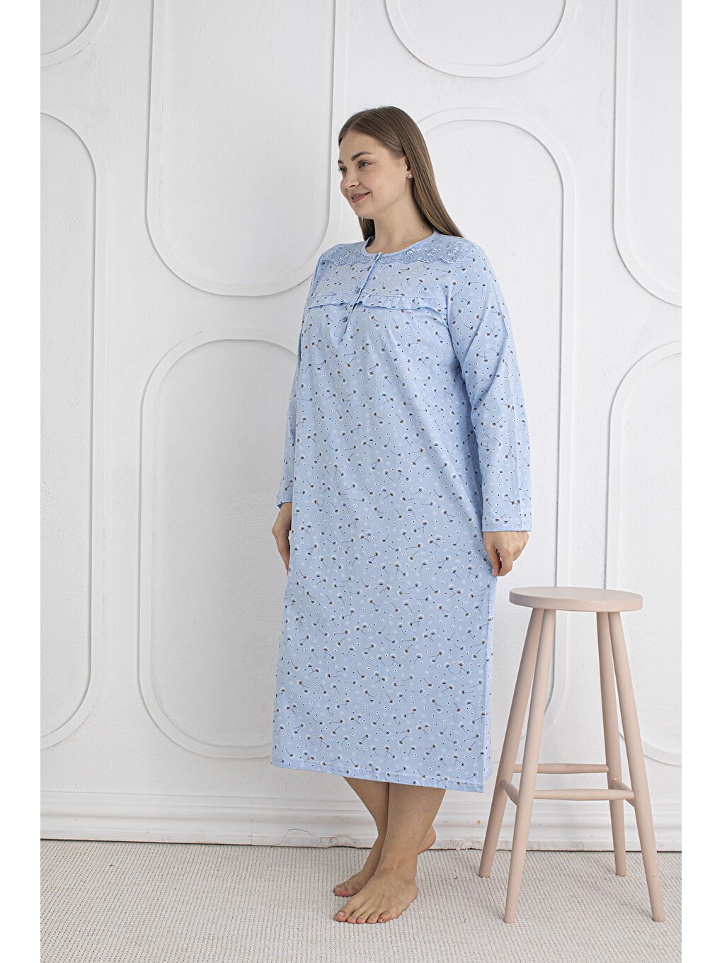 Mavi %100 Pamuklu Mevsimlik Kumaş Uzun Kol Büyük Beden Anne Geceliği 1525-1