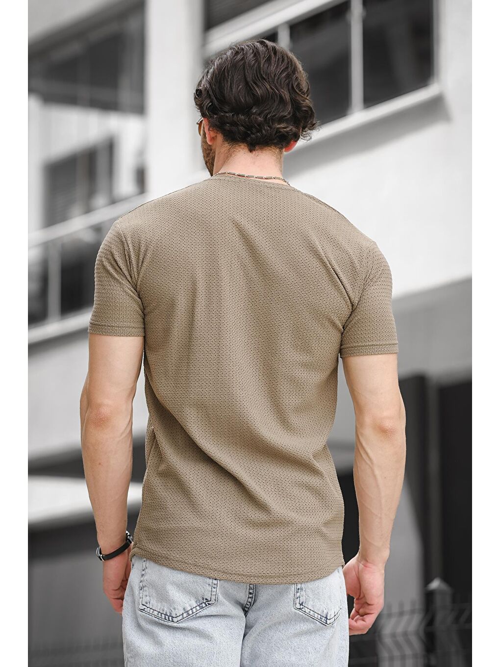 Haki Bisiklet Yaka Kısa Kollu Örgü Desenli Erkek Tişört-3