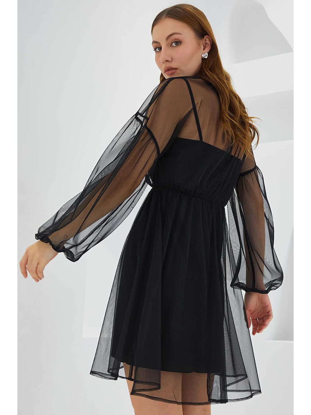 Kadın Siyah Tül Detaylı Mini Elbise 2485-3